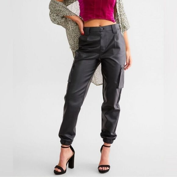 Kancan High Rise Faux Leather Cargo Joggers Size 30 - Picture 2 of 15